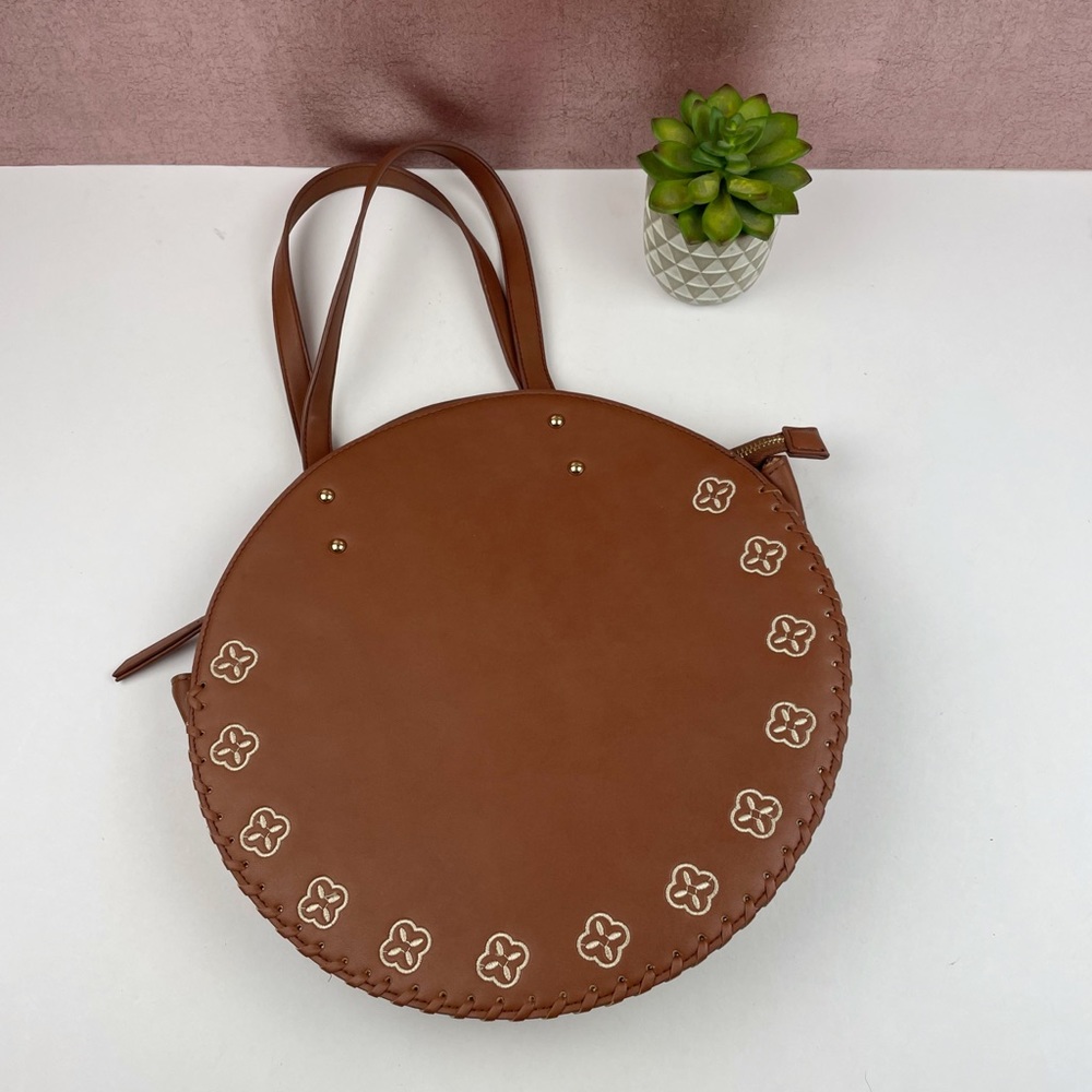 Brown Gold Embroidered Circle Bohemian Style Purse Handbag Women Bag